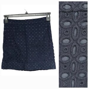 J. Crew Eyelet Lace Mini Skirt Navy Blue Size 0 A-line Lined Neutral Casual XS